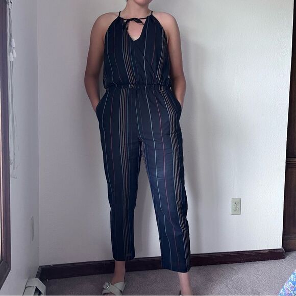 Anthropologie Dolan Left Coast Navy Embroidered Striped Cotton Halter Jumpsuit - Picture 3 of 16